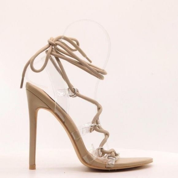 Lace Up Stiletto Heels in Nude - Picture 2 of 3
